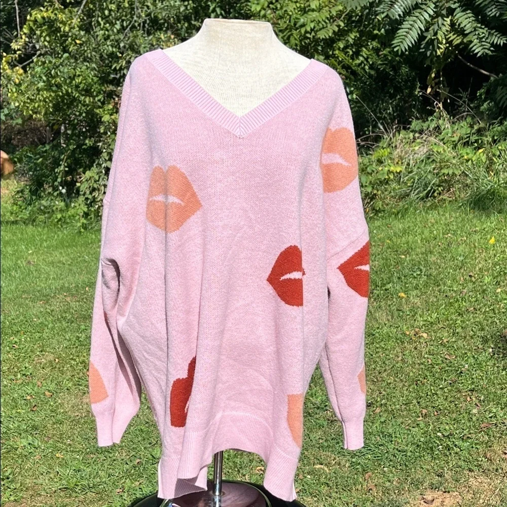 Bloomchic kiss prints v neck sweater, pink, women’s size 18-20